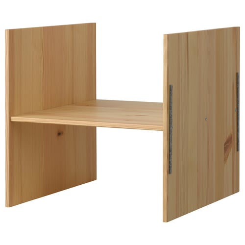 KALLAX pine wood shelf unit, natural finish. Two tall panels with a horizontal shelf, showcasing rustic solid wood texture.