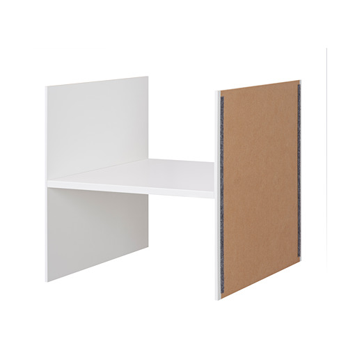 KALLAX white shelf unit, acrylic-painted; three-sided rectangular design, one cork panel side.