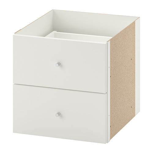 White KALLAX drawer unit, square shape with smooth finish, two drawers, flat surface.
