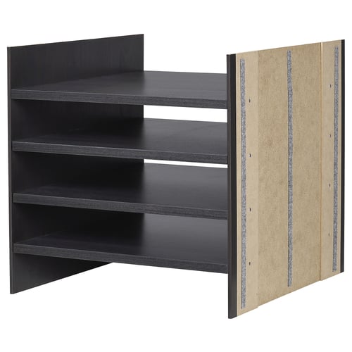 Black KALLAX shelving unit with 4 shelves, sides made of fiberboard and central divider.