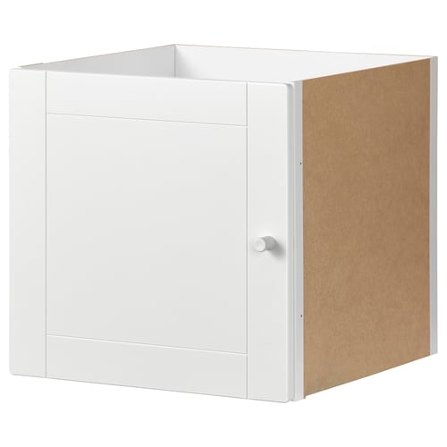 A white KALLAX cabinet with a single door; square-shaped, made of fiberboard, painted with acrylic, suitable for storage.