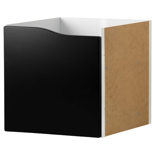 A KALLAX black cube storage unit with a blackboard door, combining storage and writing space.