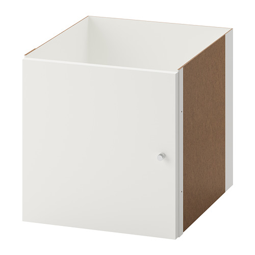 White KALLAX cube unit, square shape, particleboard and plastic edging, versatile storage solution.