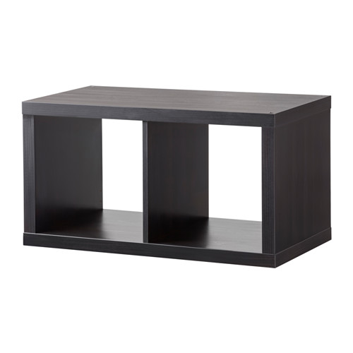 Black KALLAX shelf, rectangular, modern design, wooden, two open sections, wall-mountable.