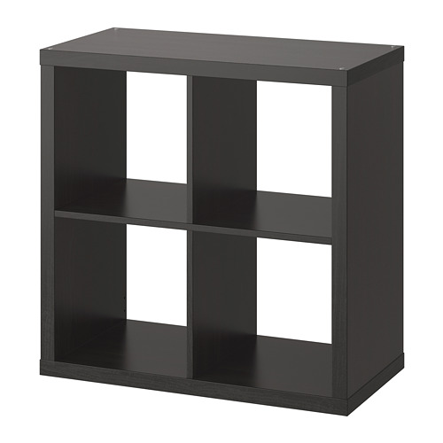 Black ikea KALLAX cube storage unit, dark gray, modern minimalist design with 4 open compartments.