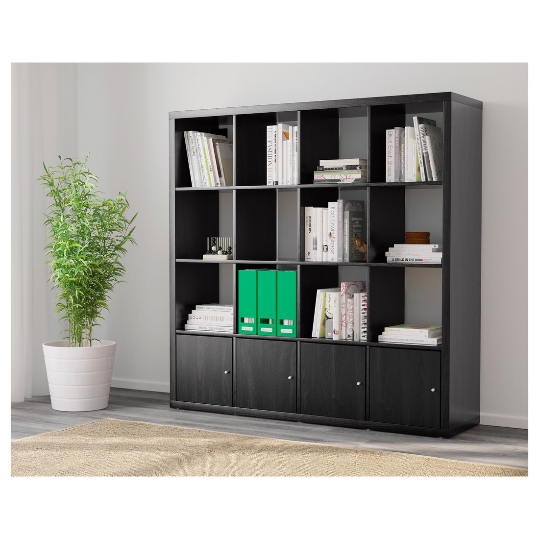 KALLAX Shelf unit with 4 inserts, blackbrown, 57 7/8x57 7/8". Learn