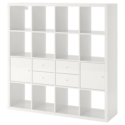 KALLAX Shelf unit with 4 inserts, high-gloss/white, 57 7/8x57 5/8 "