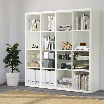 KALLAX Shelf unit with 4 inserts, white/glass, 57 7/8x57 5/8 "