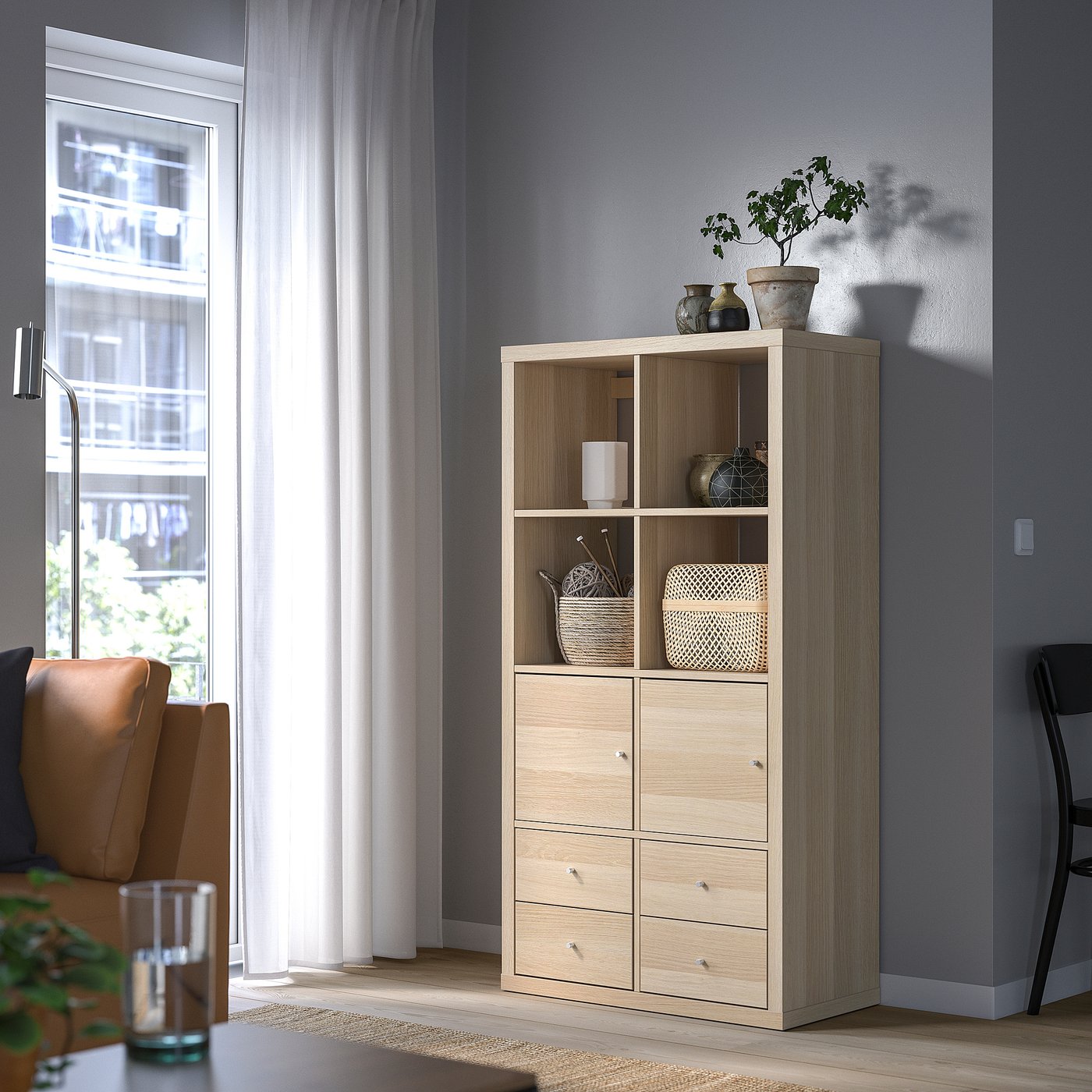 KALLAX shelving unit, with 2 doors/4 drawers/white stained oak
