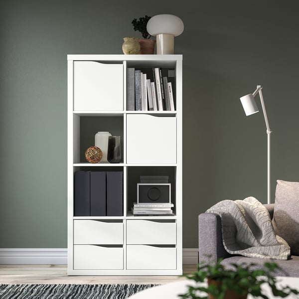 KALLAX Shelving unit, with 2 doors with 4 drawers/wave shaped white, 57 5/8x30 1/8 "