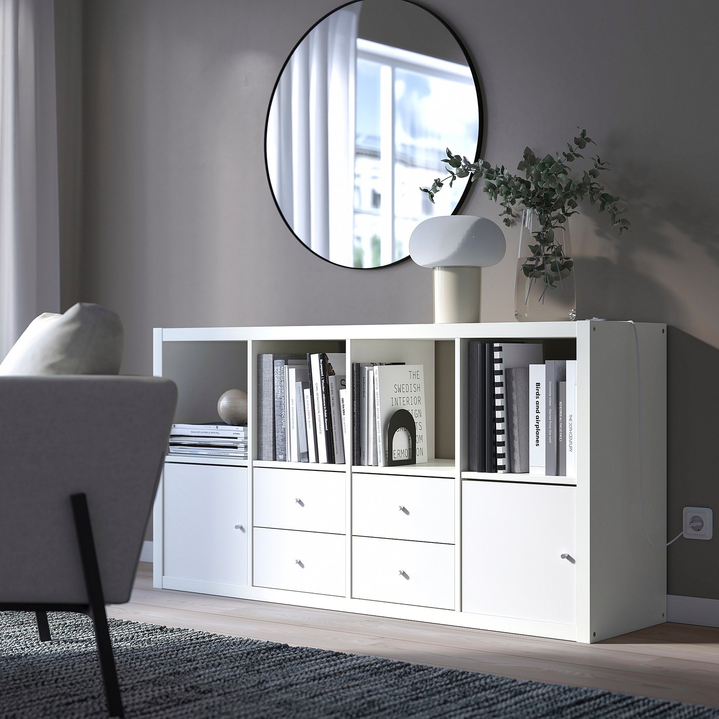 KALLAX shelving unit, with 2 doors/with 4 drawers white, 575/8x301