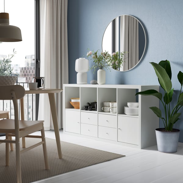 KALLAX Shelving unit, with 2 doors/with 4 drawers white, 57 5/8x30 1/8 "