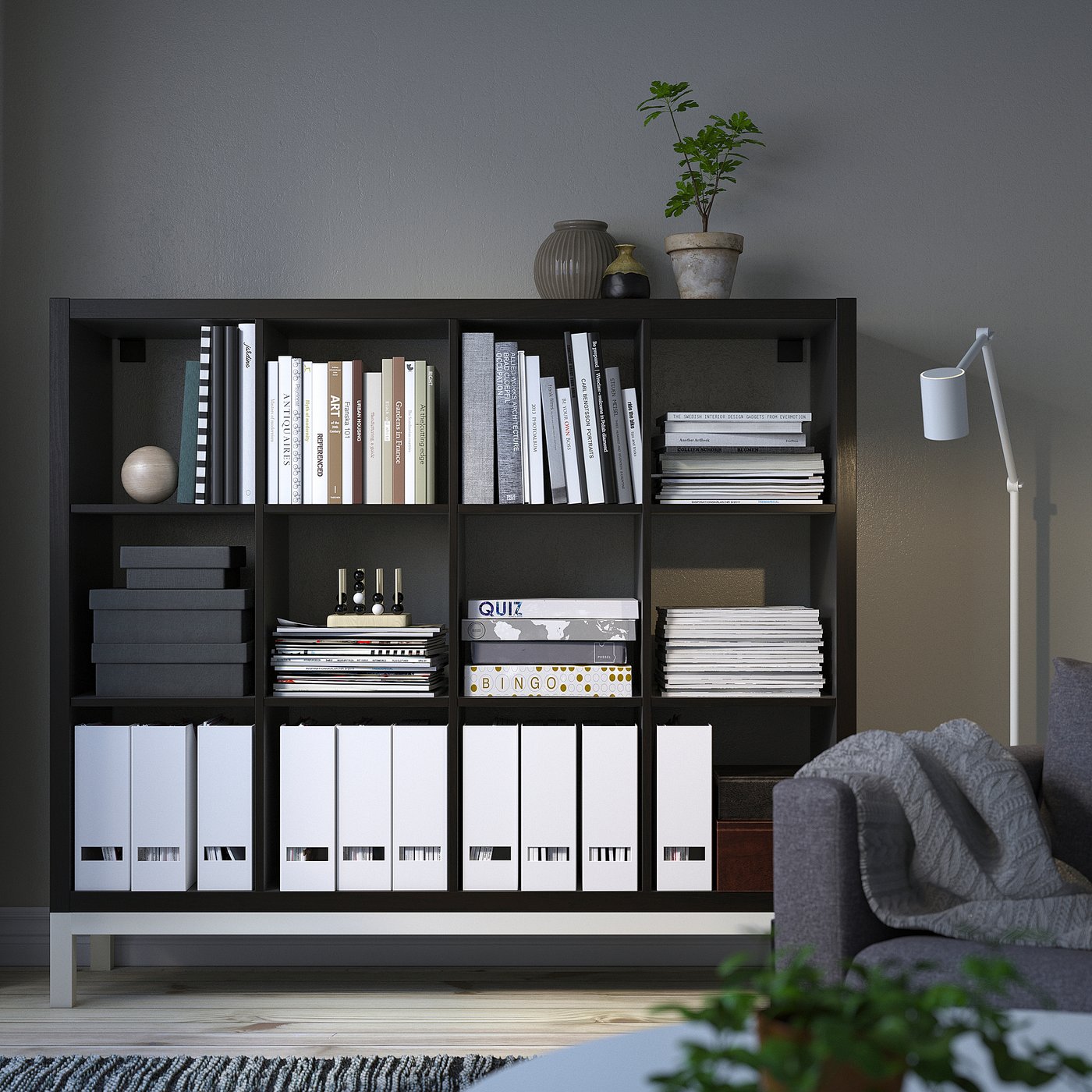 KALLAX shelving unit with underframe, black-brown/white, 577