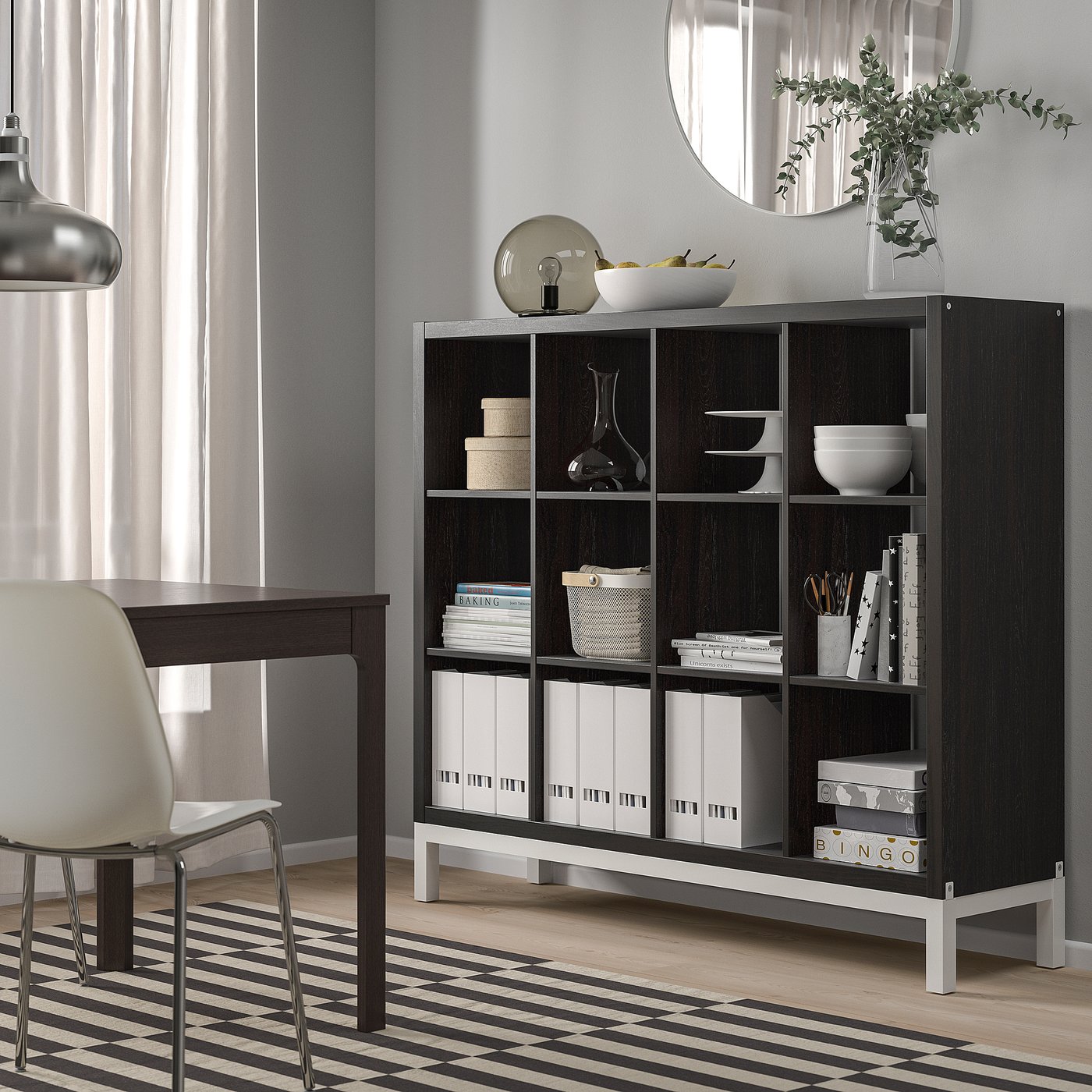 KALLAX shelving unit with underframe, black-brown/white, 577