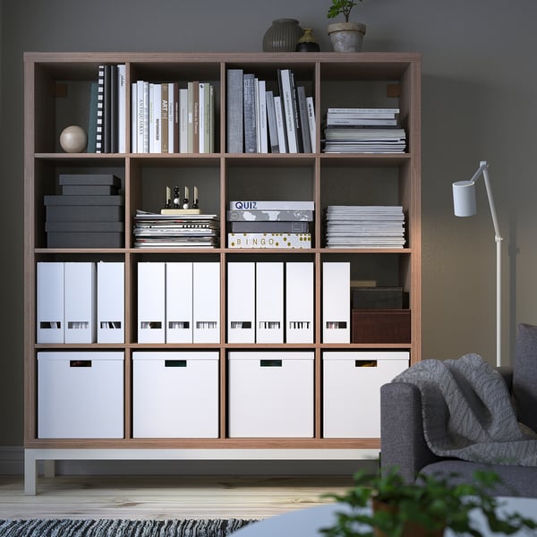 KALLAX Shelving unit with underframe, walnut effect/light gray white