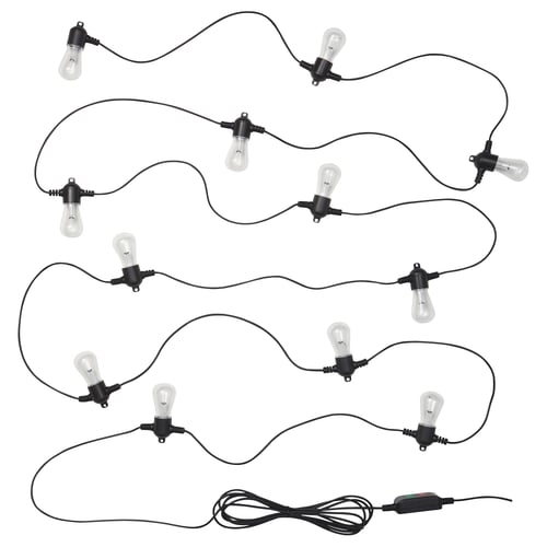 Editorial: black string lights with clear bulbs and hooks. Perfect for outdoor decor.