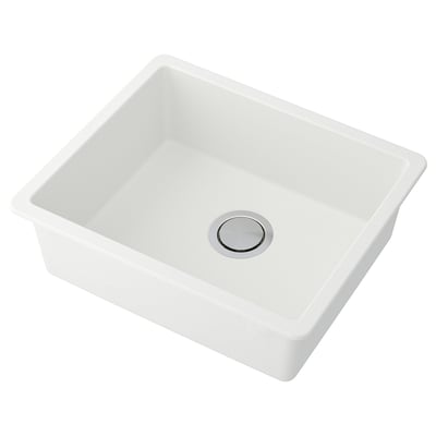 A KILSVIKEN white quartz composite kitchen sink with a stainless steel drain cover.