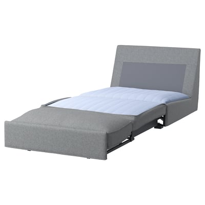 KIVIK grey sofa-bed with sleek headrest, compact & convertible, soft polyester fabric.