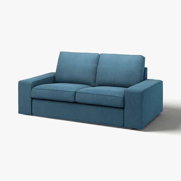 Blue KIVIK sofa, modern design, comfy, upholstered, square cushions, low armrests, ideal for relaxation.