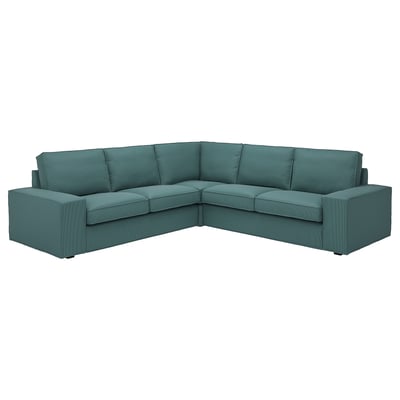 KIVIK teal l-shaped sofa, modern design, deep comfy seats, wide armrests, polyester upholstery.