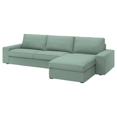 KIVIK green 3-seater sofa with chaise, soft fabric, l-shape, large cushions.