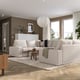 Modern living room with grey KIVIK sofa set, low armrests, wooden floor, side table, large window, and pendant light.