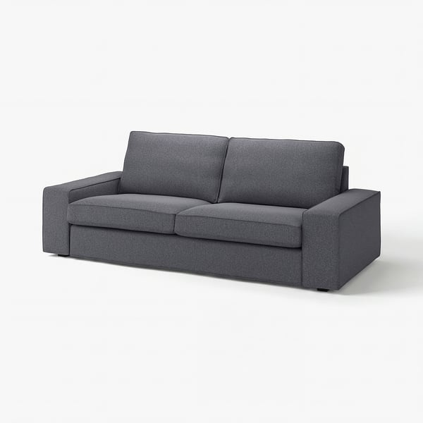 Grey KIVIK sofa, sleek and modern with low armrests, soft cushions, and cover made of durable wool-like fabric.
