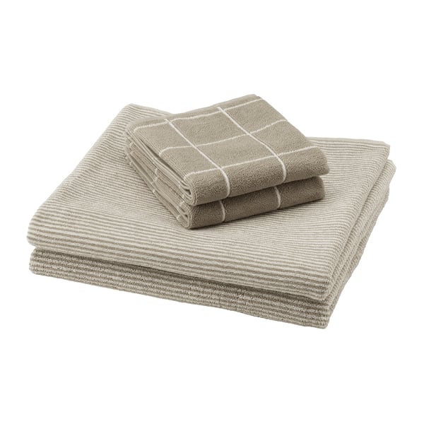 Klaespirea folded towels, tan, cotton, rectangular, stripy pattern.