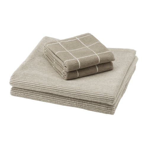Klaespirea folded towels, tan, cotton, rectangular, stripy pattern.