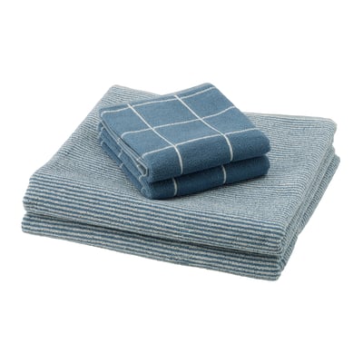 Three blue folded towels, two with stripes and one with a chequered design, stacked neatly.