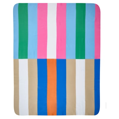 KLIBBKORSÖRT blanket: colourful striped, soft fleece, rectangular, vibrant pattern.