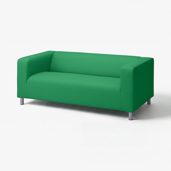 Bright green modern sofa, square shape, sleek design, metal legs, smooth fabric.