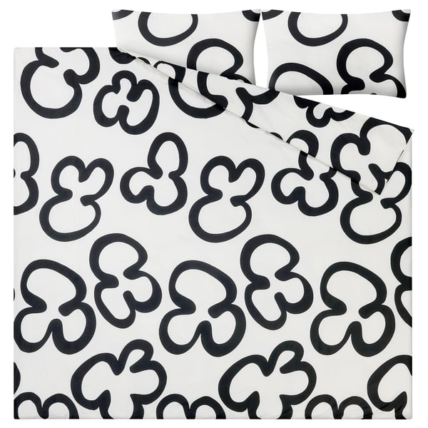 KLIPPBRÄCKA Duvet cover and pillowcase(s), white/black, Full/Queen (Double/Queen)