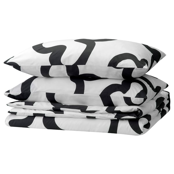 KLIPPBRÄCKA Duvet cover and pillowcase(s), white/black, Full/Queen (Double/Queen)