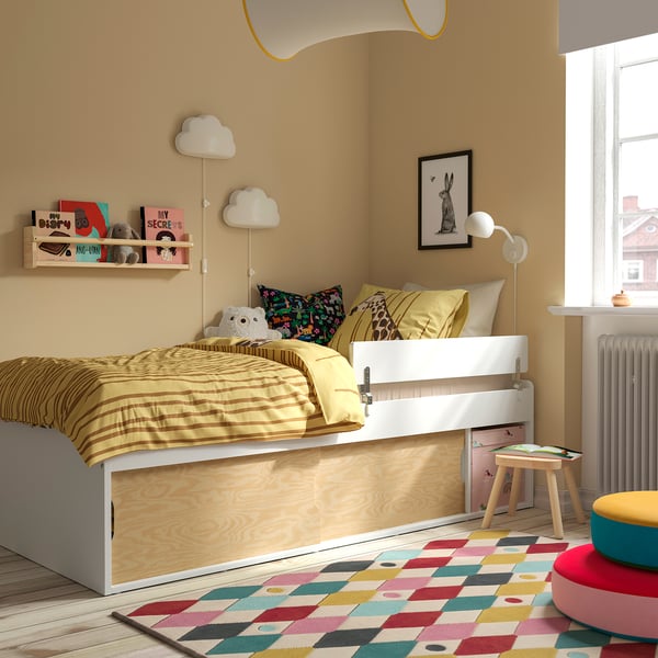 KLIPPUGGLA Bed frame with storage, white/incl guard rail, Twin