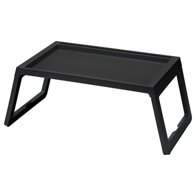 Black KLIPSK bed tray, rectangular, polypropylene plastic, foldable legs, secure groove for tablet or book.