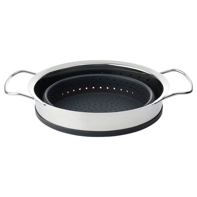 KLOCKREN silver strainer with black silicone, round, foldable, sturdy handles for easy use.