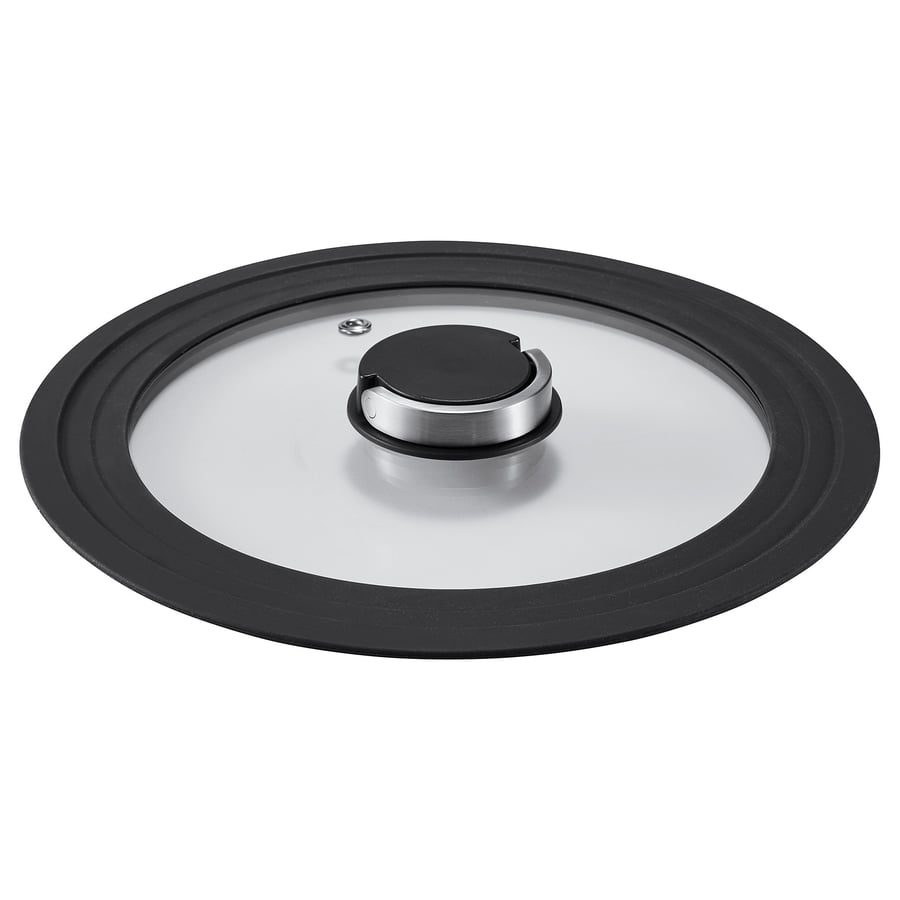 KLOCKREN glass lid, black rim, stainless handle, fits 20-24cm pots, steam vent, folds flat.