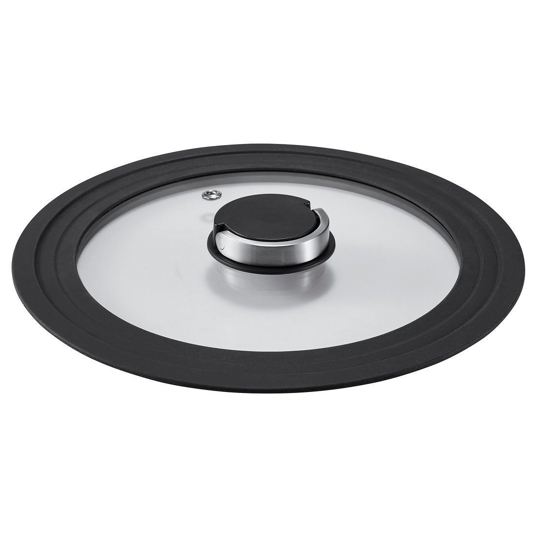 KLOCKREN glass lid, black rim, stainless handle, fits 20-24cm pots, steam vent, folds flat.
