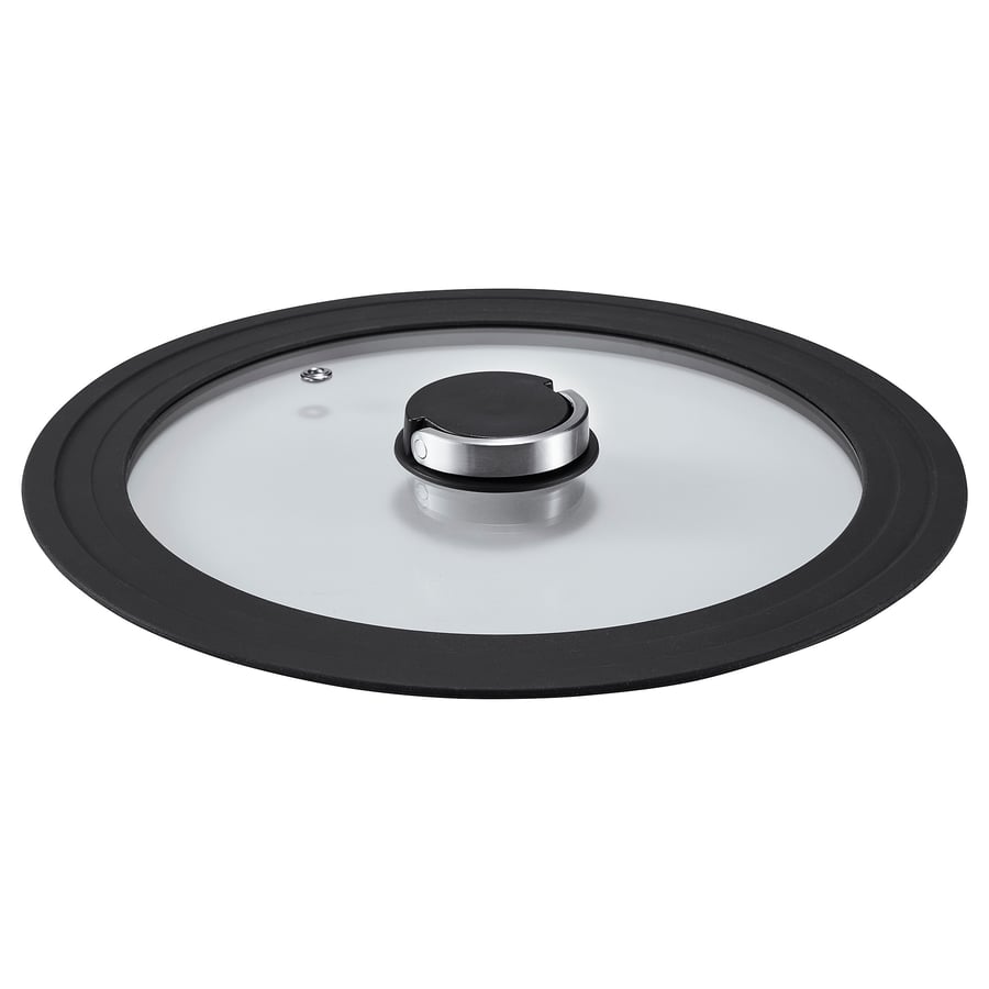 KLOCKREN: black glass lid with stainless steel handle, fits 24-28 cm pots, toughened glass, silicone rim for protection.