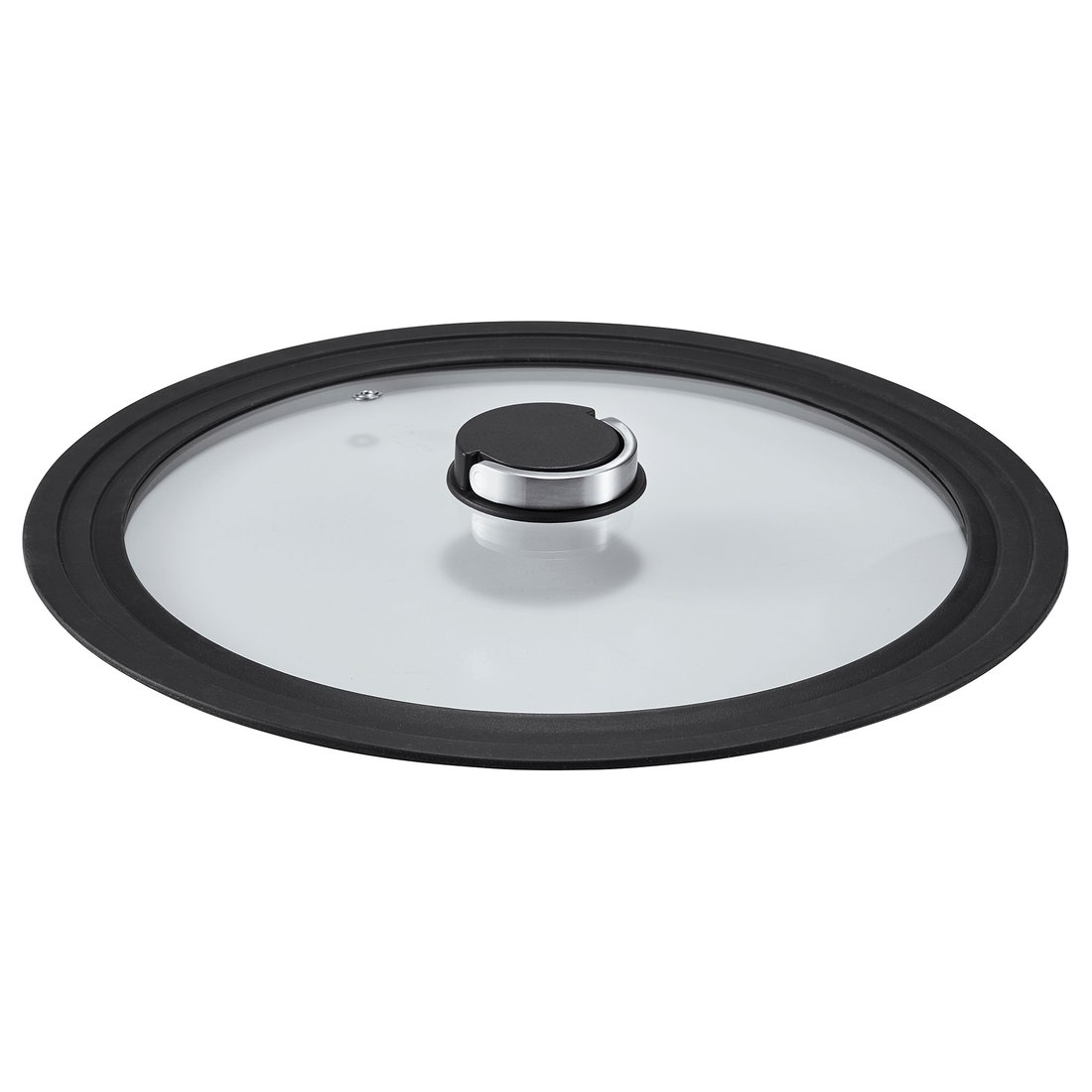 A KLOCKREN glass lid with a black silicone rim and foldable handle. Circular, transparent with black accents.