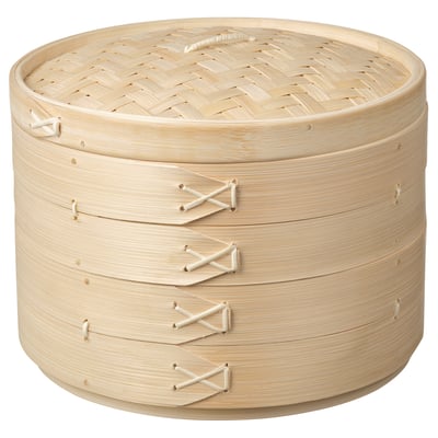 Bamboo double-tier KLOCKREN steamer, natural, cylindrical with woven lid, ideal for healthy cooking.