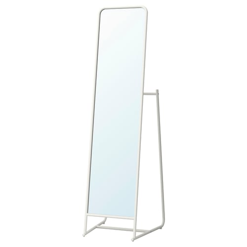 A KNAPPER white floor mirror with hooks and a rail behind it, framed in steel.