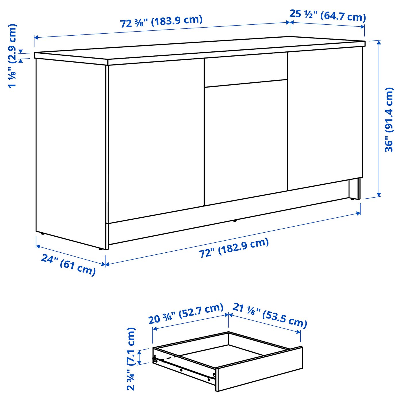 KNOXHULT base cabinet with doors and drawer, white frame, 72x24x36