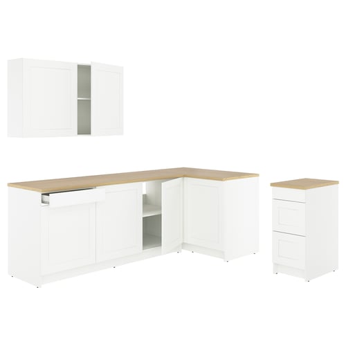 KNOXHULT l-shaped white kitchen: base, wall units, oak top. Clean, modern design for efficient cooking.