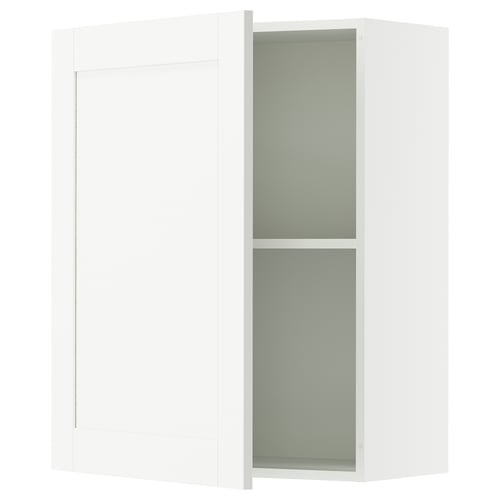 A white KNOXHULT wall cabinet with glass doors and sleek design.