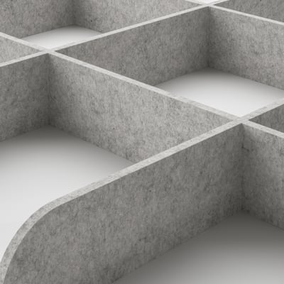 Grey pull-out trays with compartments, high-quality construction, smooth edges.