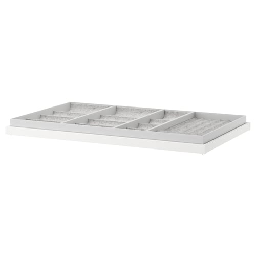 IKEA KOMPLEMENT white organiser tray, felt-lined, segmented for accessories.