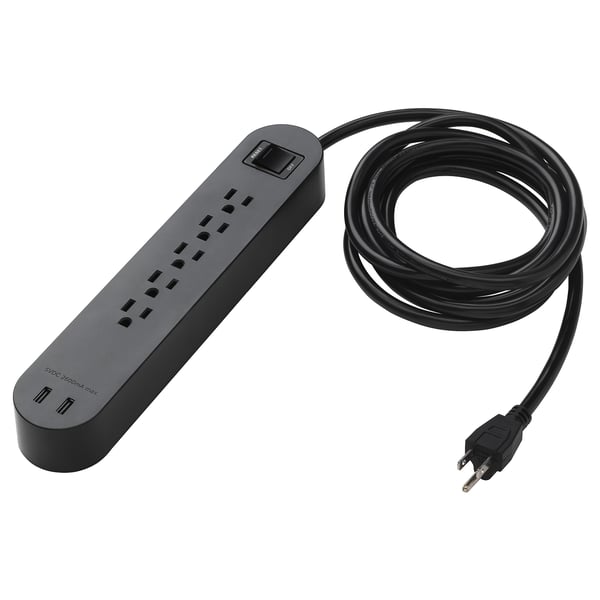 KOPPLA 5 outlet power strip & 2 USB ports, black, 118 "