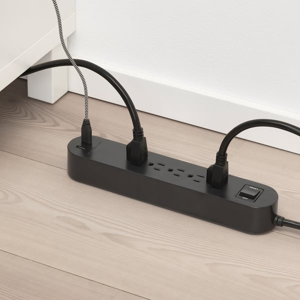 KOPPLA 5 outlet power strip & 2 USB ports, black, 118 "